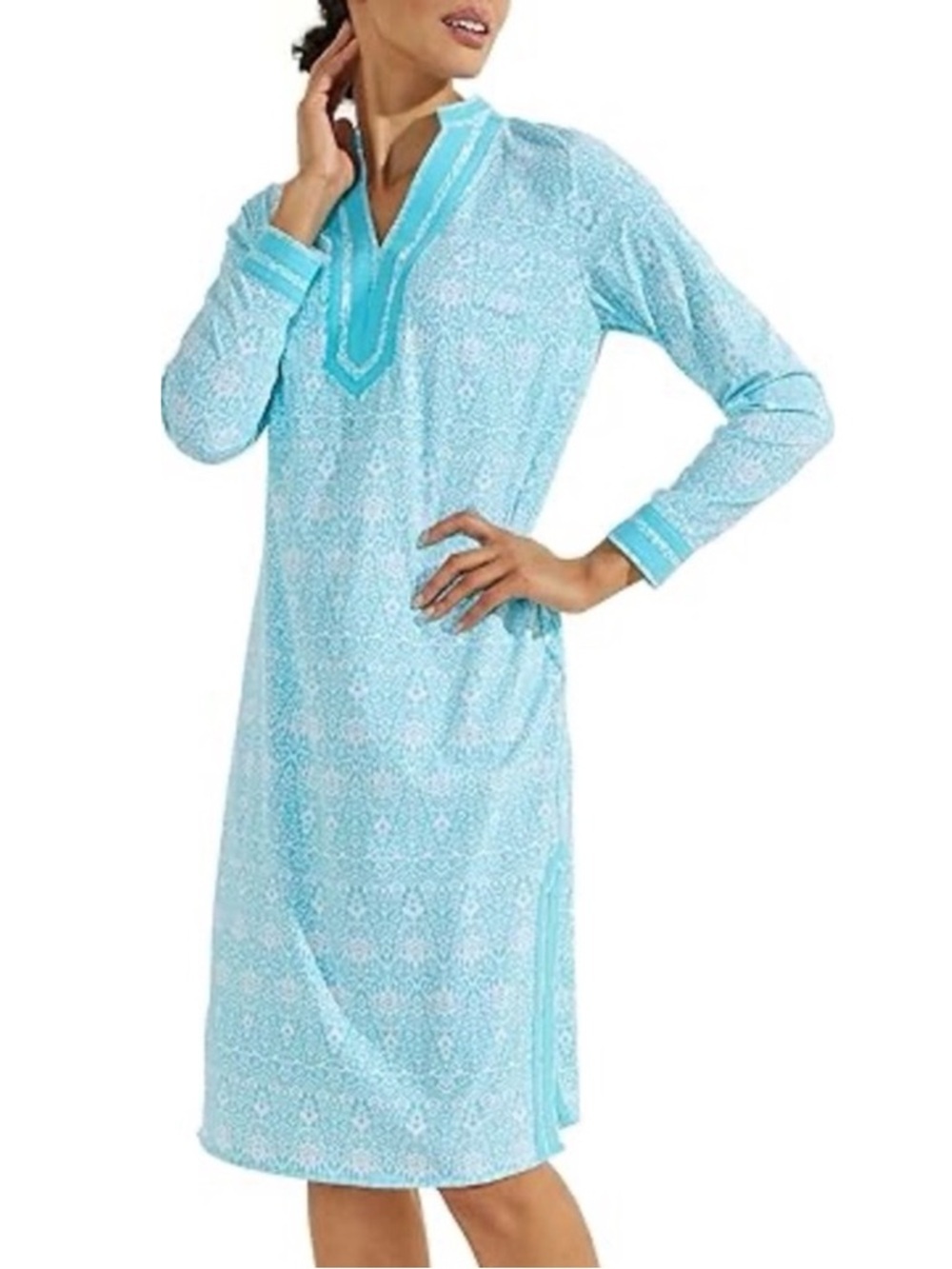 NWT - Coolibar - UPF 50+ Sampika Tunic Dress - Bay Aqua Coastal Ikat